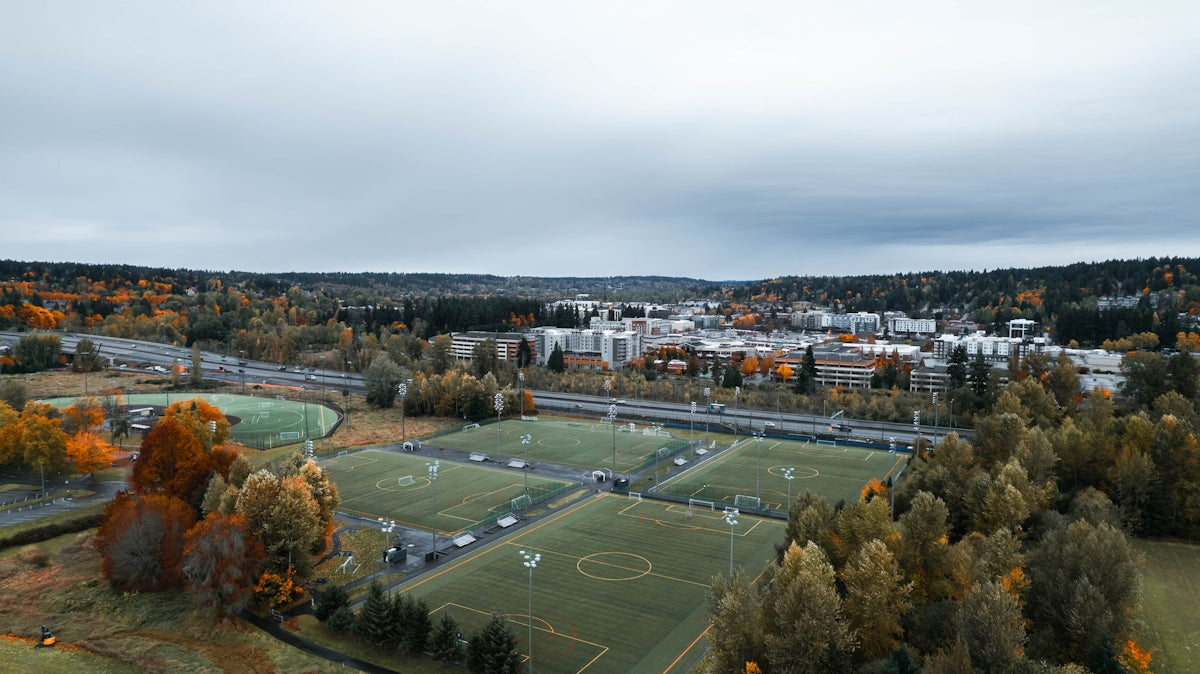 an aerial view of a soccer field surrounded by trees