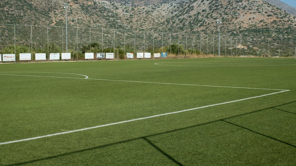 a soccer field with mountains in the background