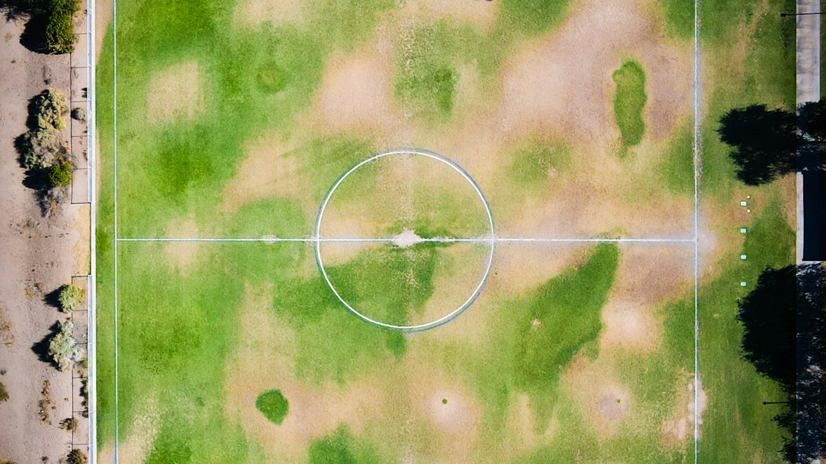 an aerial view of a soccer field