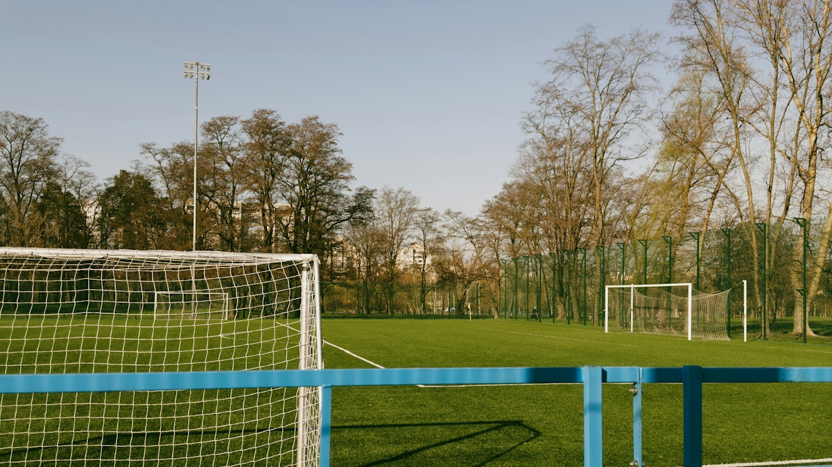 a soccer field with a goal in the background