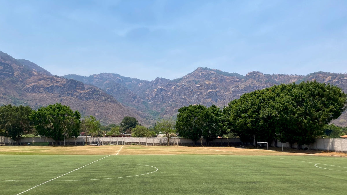 a soccer field with mountains in the background