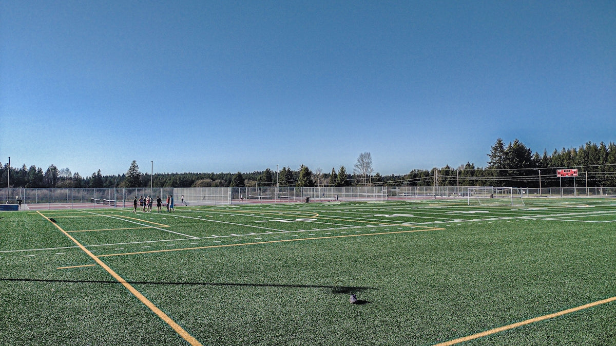 a soccer field with a few players on it