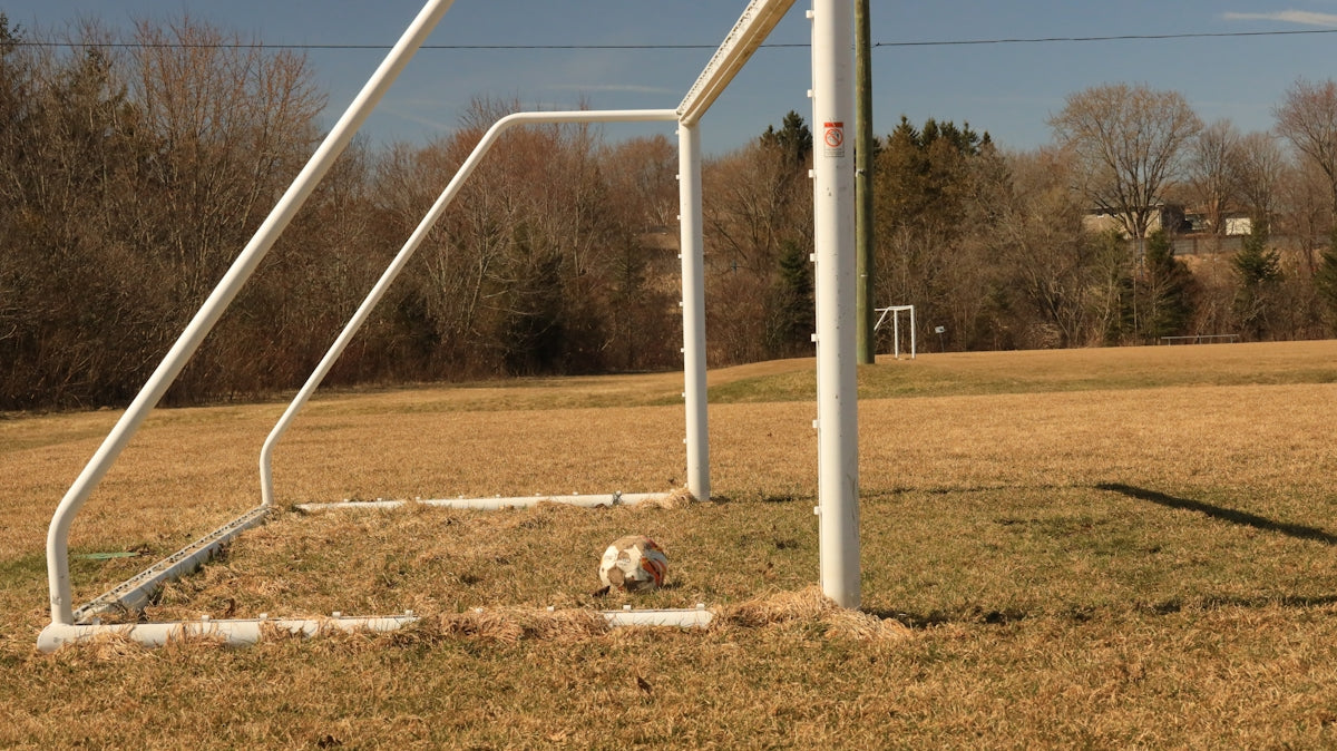 a soccer goal and a soccer ball in a field