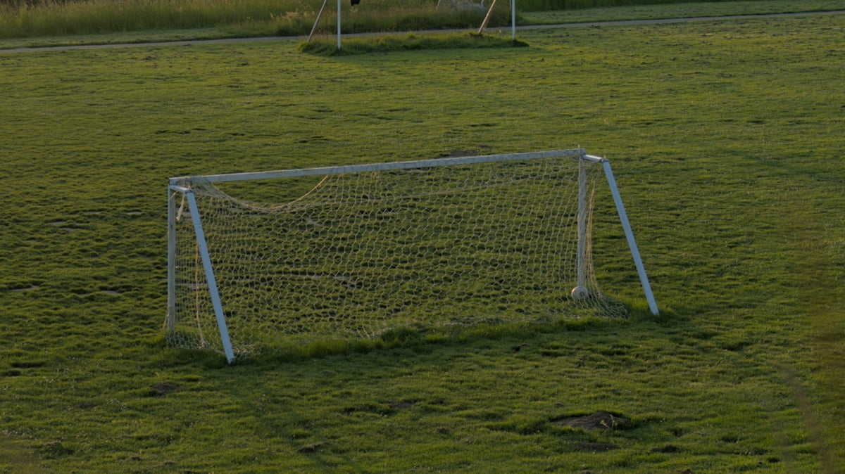a soccer field with a soccer goal and a soccer ball