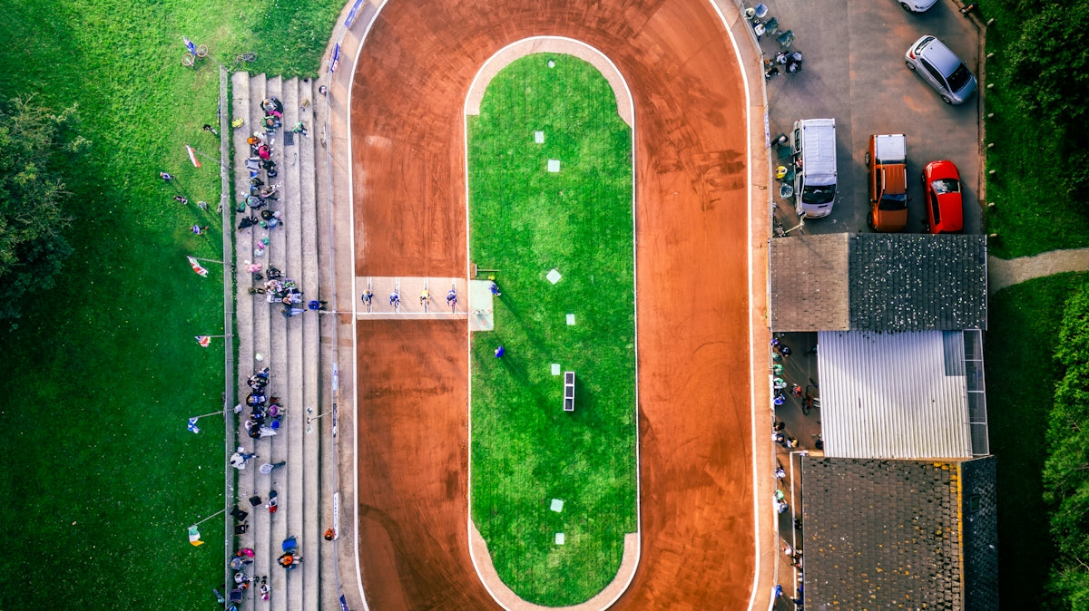 An aerial view of a baseball field in a park
