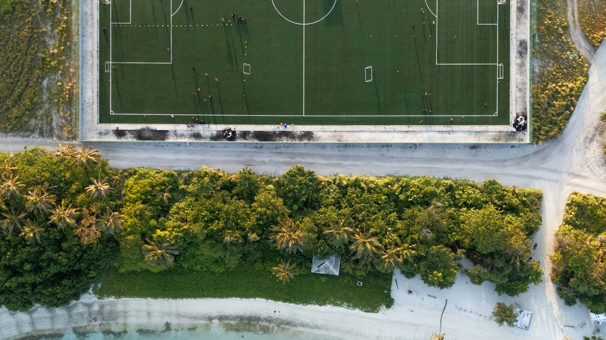 An aerial view of a soccer field