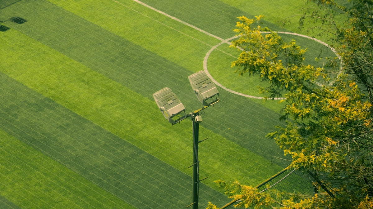 An aerial view of a soccer field.