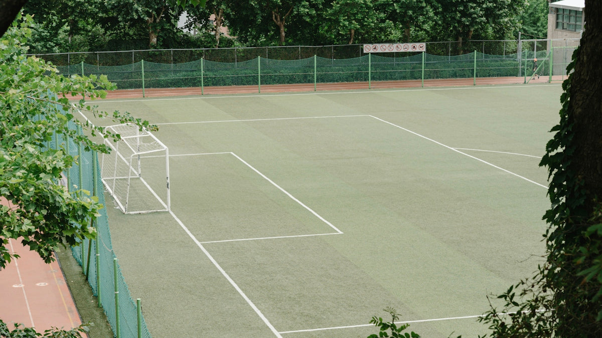 A soccer field is seen from behind some green foliage.