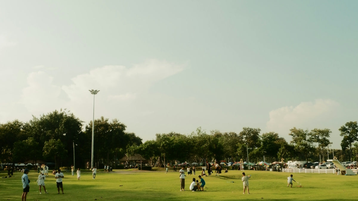 People are playing on a green field under a blue sky.