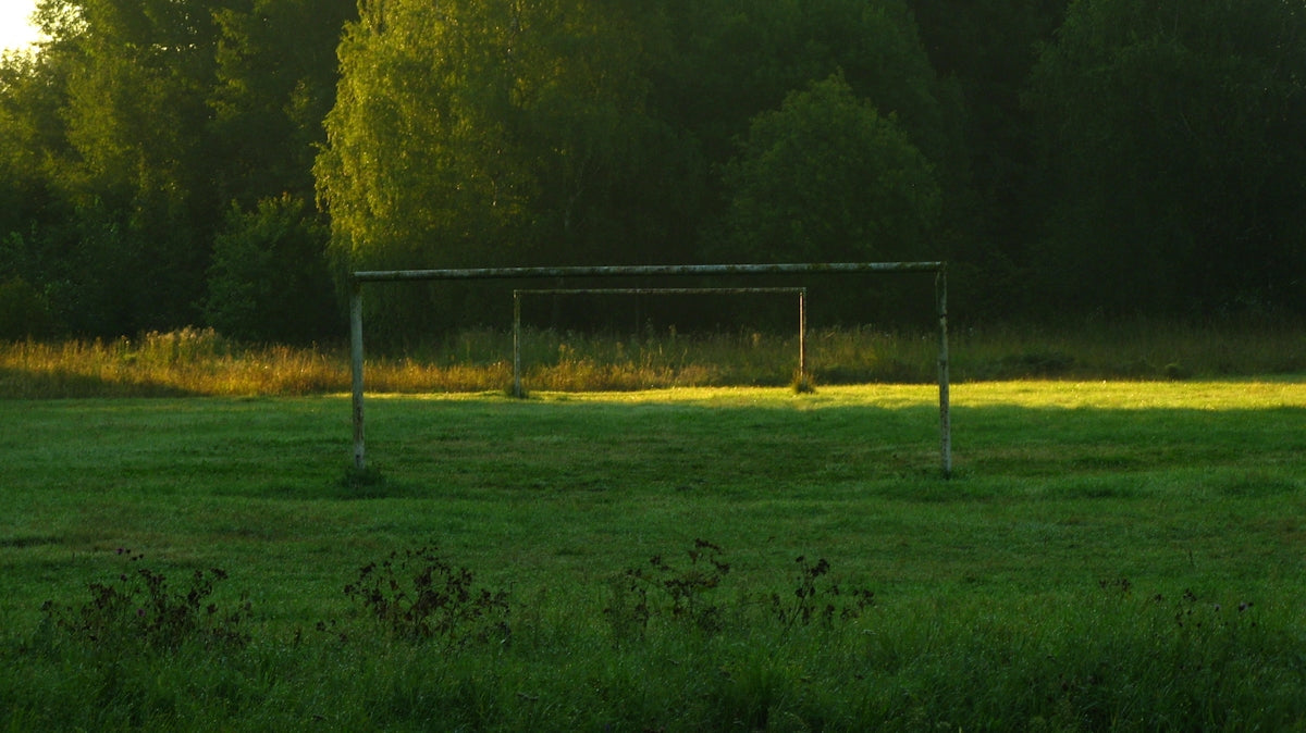 Empty soccer goals on a grassy field at dawn.