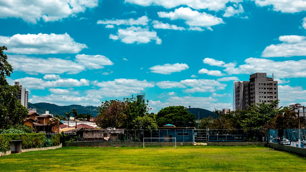Green soccer field under a bright blue sky.