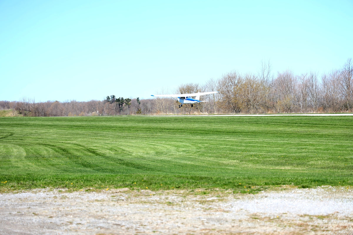 white and blue airplane flying over green grass field during daytime