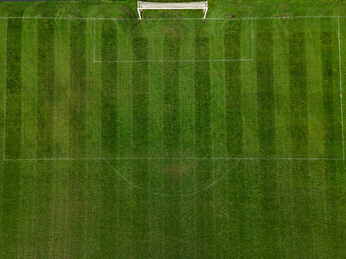 an overhead view of a soccer field with a soccer goal