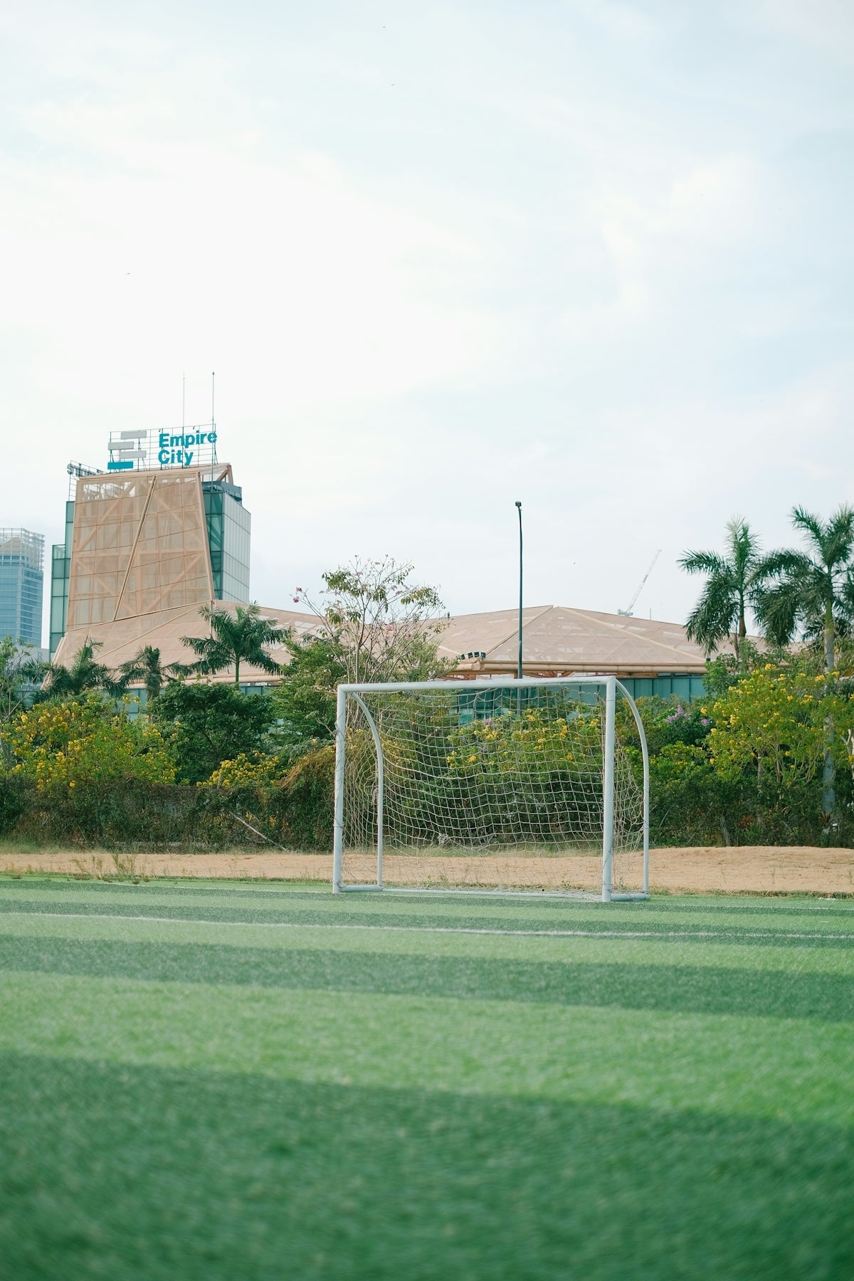 a soccer field with a soccer goal in the middle of it