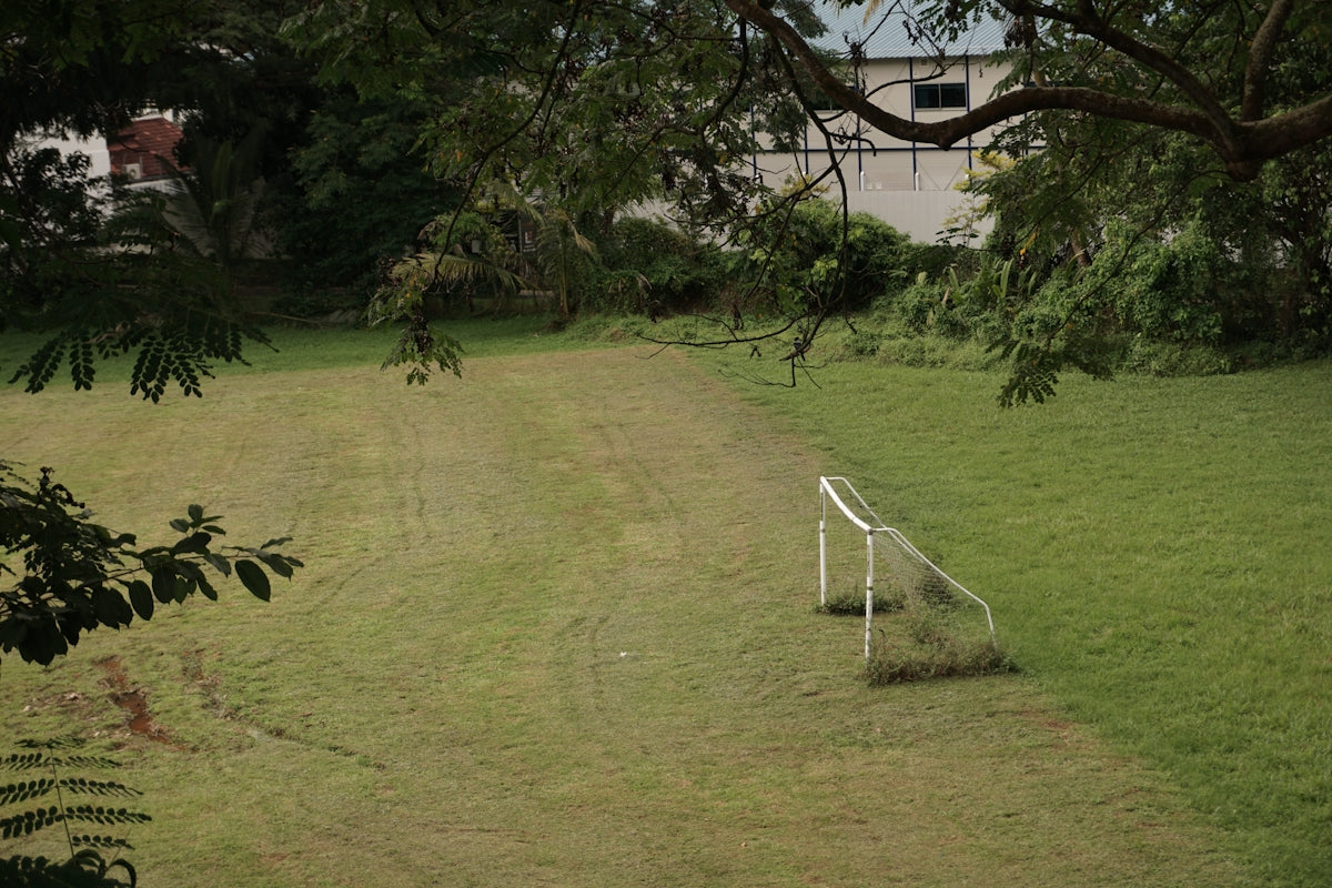a soccer goal sitting in the middle of a field