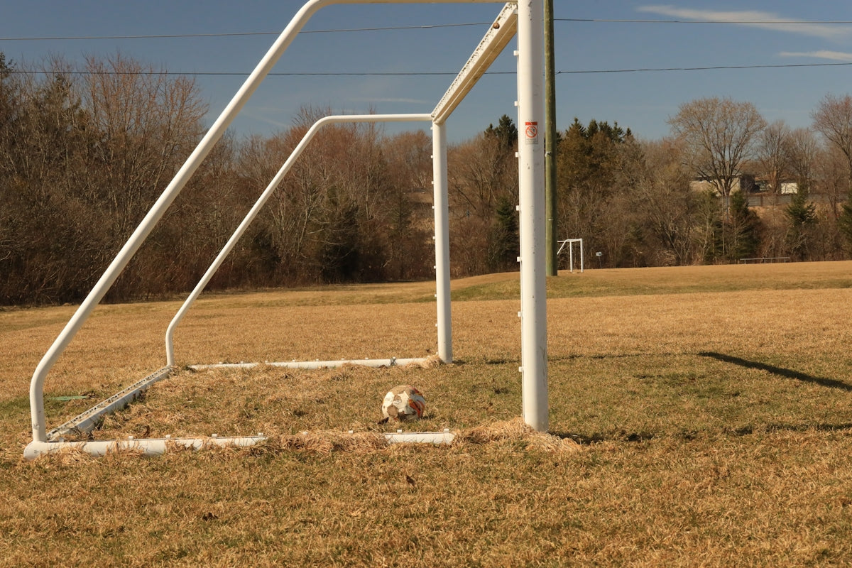 a soccer goal and a soccer ball in a field