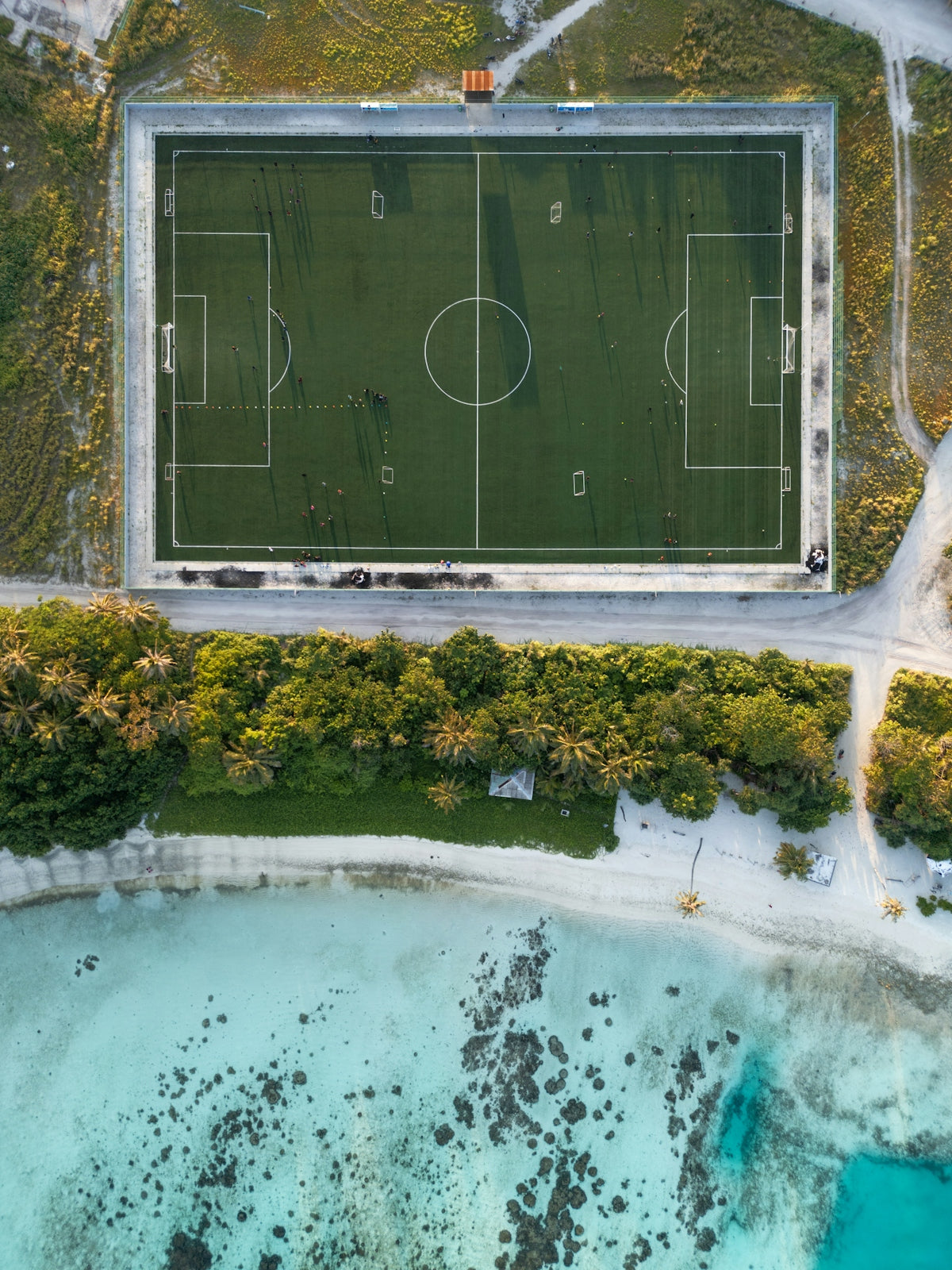An aerial view of a soccer field
