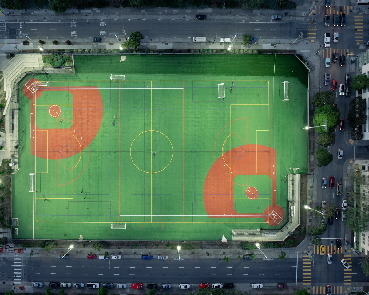 Aerial view of a multi-sport field.