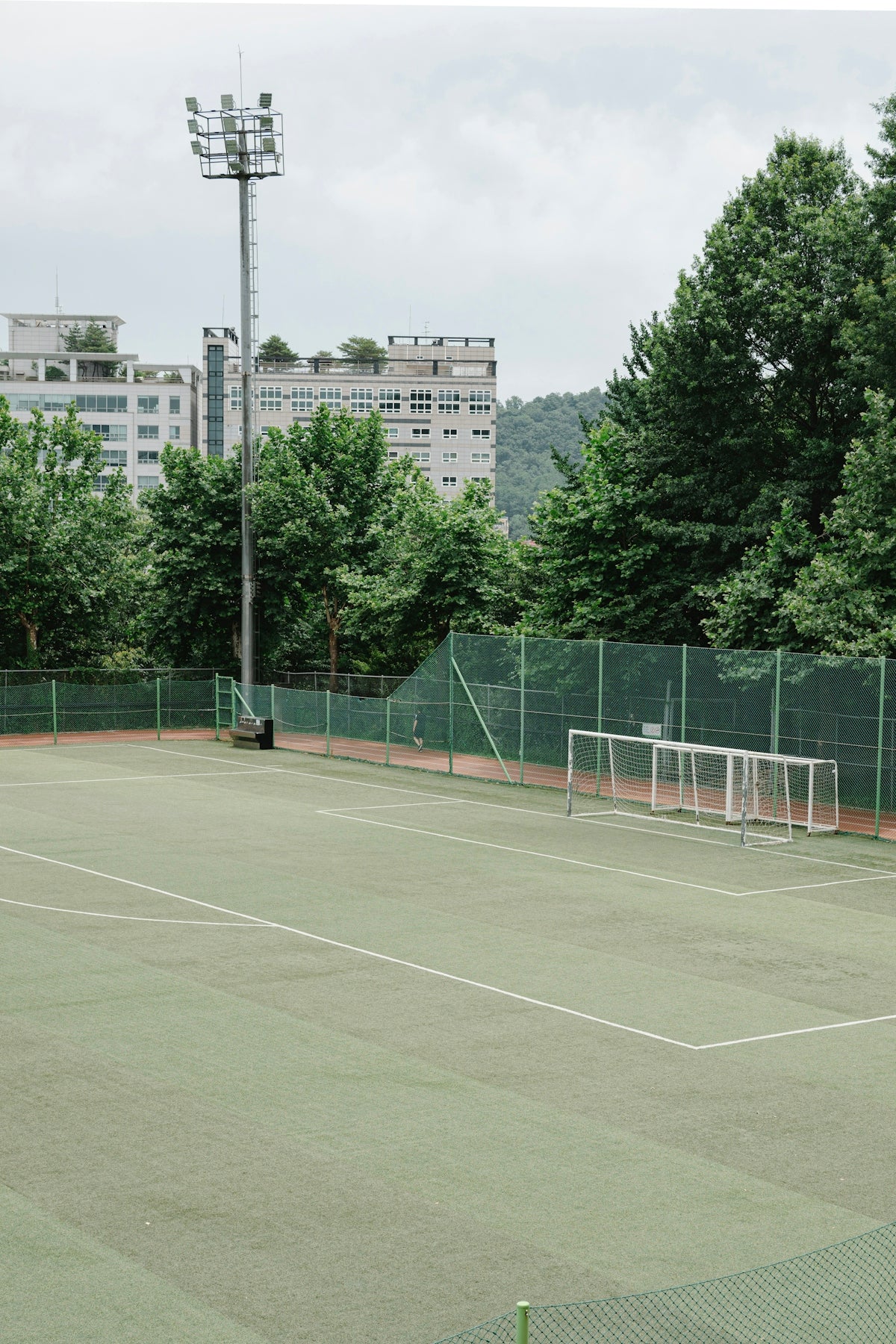 An empty sports field surrounded by green trees.