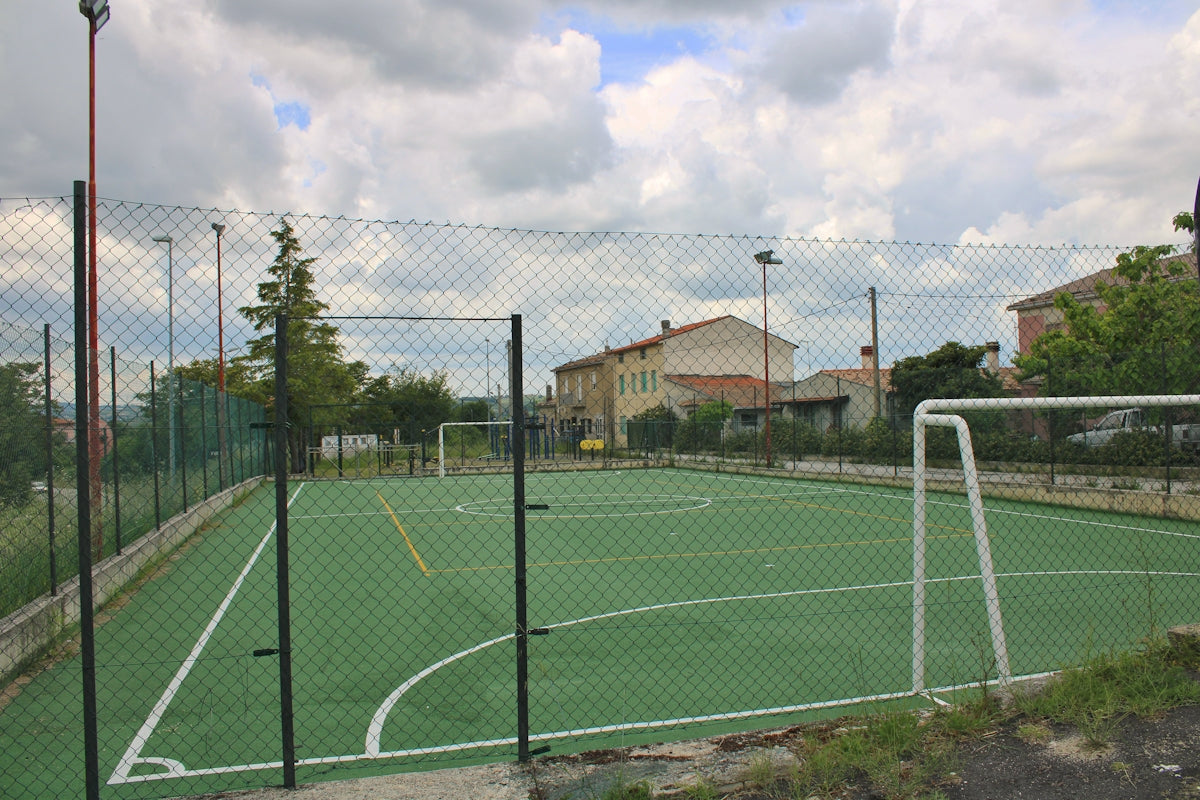 Outdoor soccer field with goals and markings