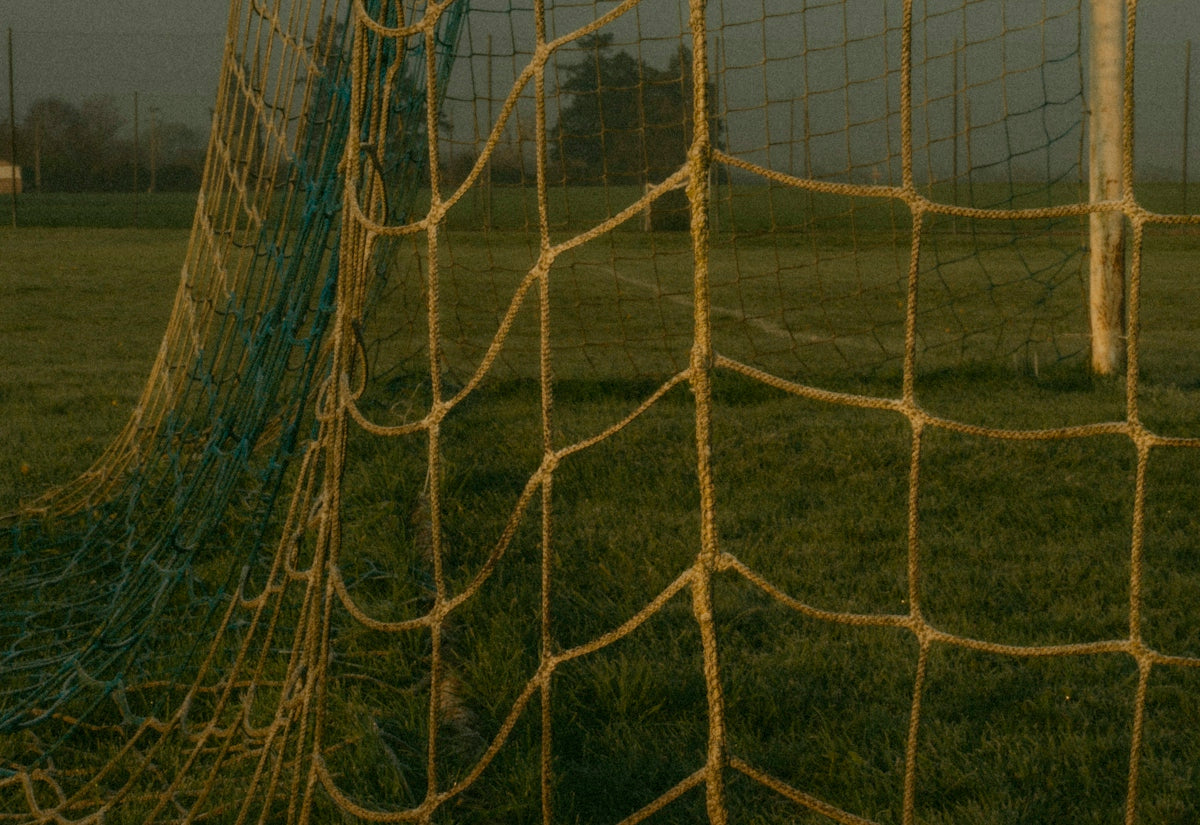 A soccer goal net on a green grassy field